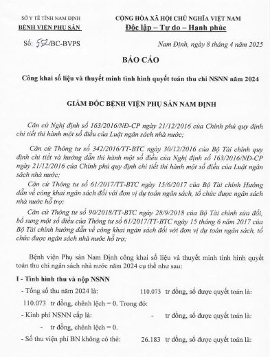 BÁO CÁO CÔNG KHAI SỐ LIỆU VÀ THUYẾT MINH TÌNH HÌNH QUYẾT TOÁN THU CHI NSNN NĂM 2024