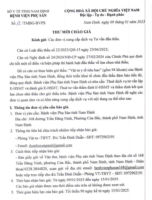 THƯ MỜI CHÀO GIÁ