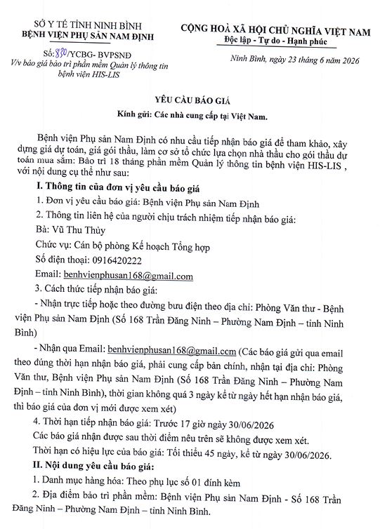 BÁO GIÁ BẢO TRÌ PHẦN MỀM QUẢN LÝ THÔNG TIN BỆNH VIỆN HIS-LIS