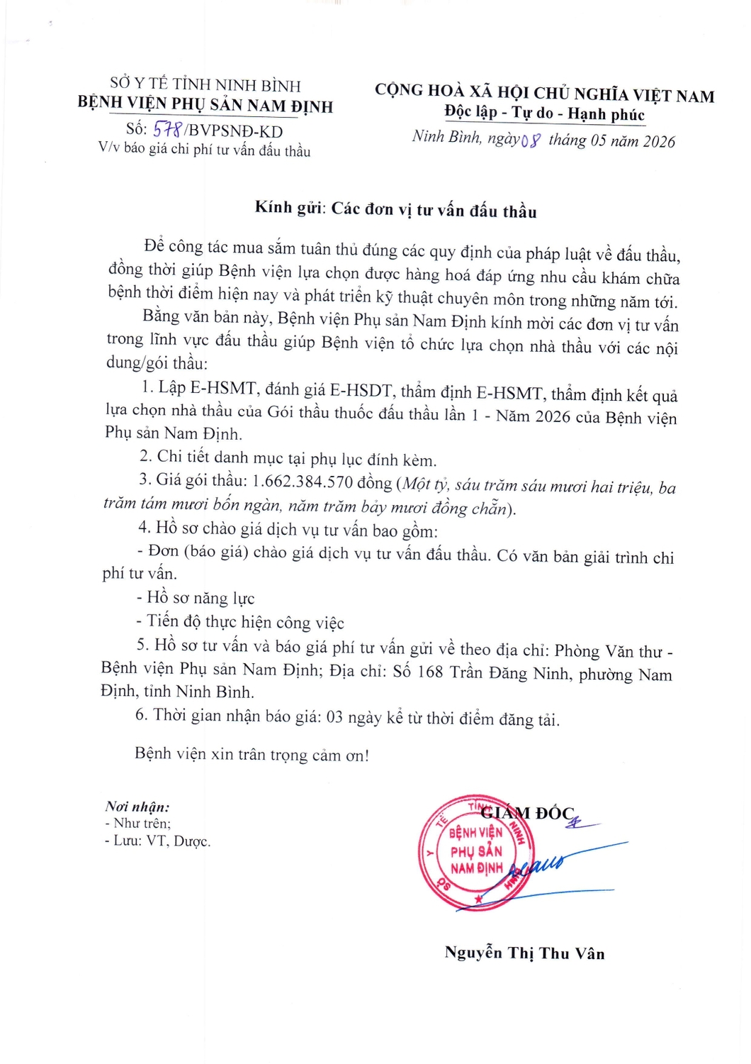 THƯ MỜI BÁO GIÁ CHI PHÍ TƯ VẤN ĐẤU THẦU
