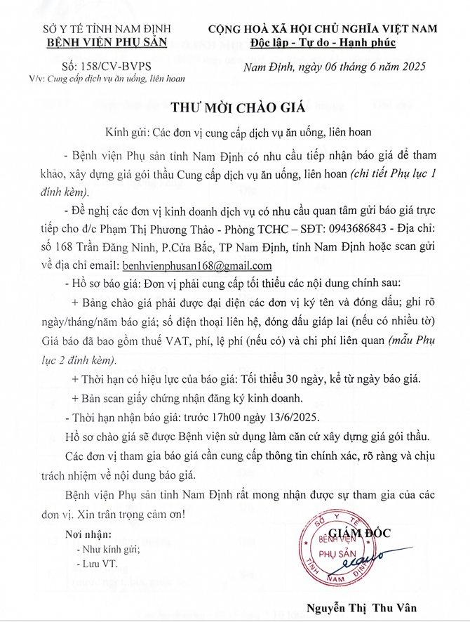 THƯ MỜi CHÀO GIÁ CUNG CẤP DỊCH VỤ ĂN UỐNG LIÊN HOAN