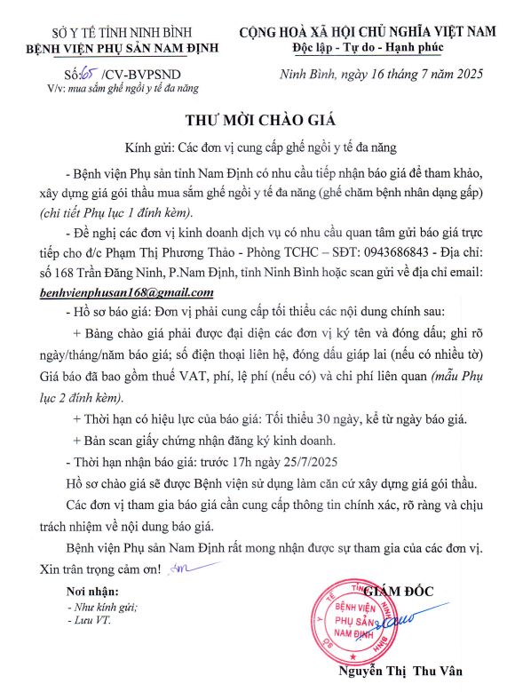 THƯ MỜI CHÀO GIÁ GHẾ NGỒI Y TẾ ĐA NĂNG