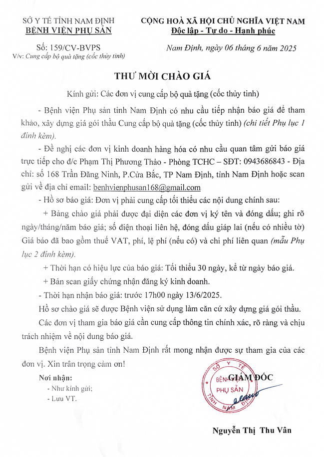 THƯ MỜi CHÀO GIÁ CUNG CẤP BỘ QUÀ TẶNG