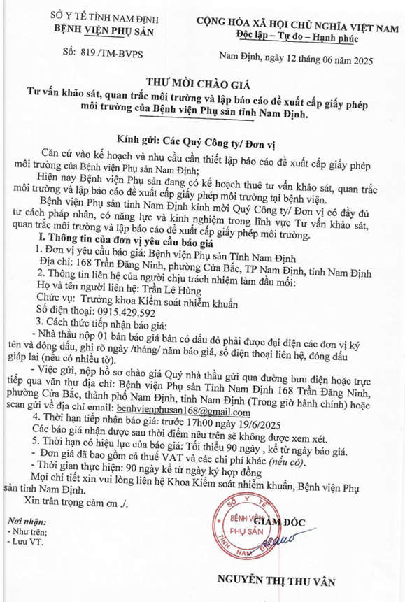 THƯ MỜI BÁO GIÁ TƯ VẤN KHẢO SÁT, QUAN TRẮC VÀ LẬP BÁO CÁO ĐỀ XUẤT GIẤY PHÉP MÔI TRƯỜNG