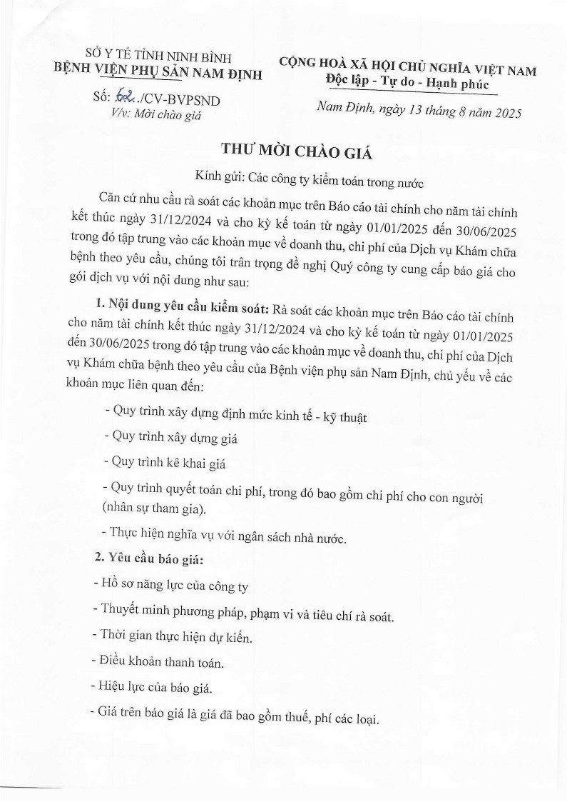 THƯ MỜI CHÀO GIÁ