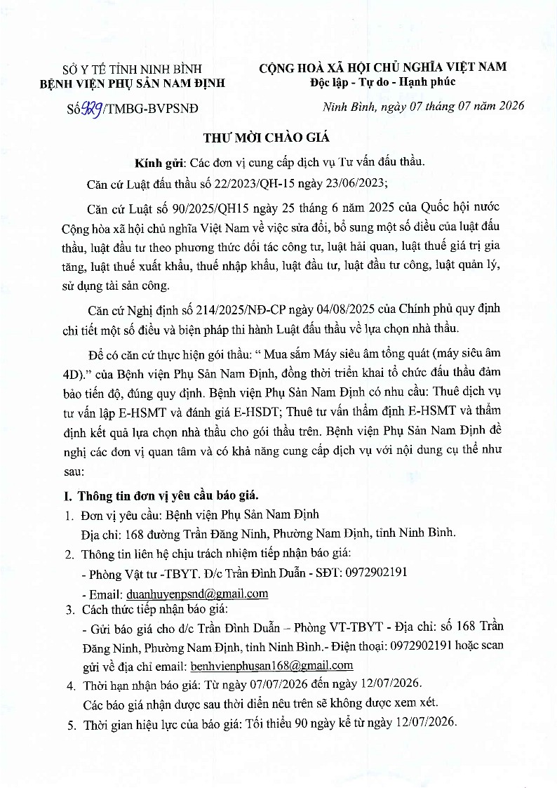 Thư mời chào giá tư vấn đấu thầu mua sắm máy siêu âm tổng quát 4D