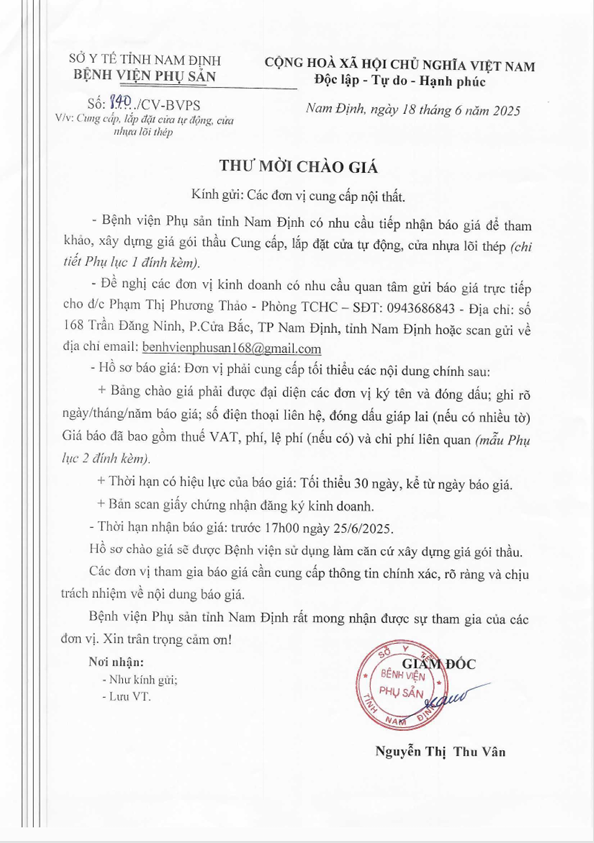 Thư mời chào giá cửa tự động